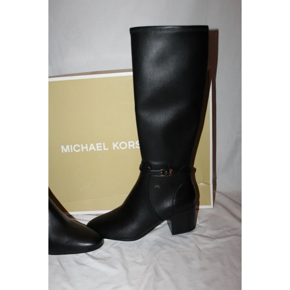 Michael Kors Women's Ella Block Heel Boot Black Faux Leather Tall Boots $345 10